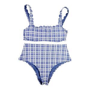 Aerie Womens Medium Blue Plaid Gingham Scalloped High Rise Bikini Two Piece Set